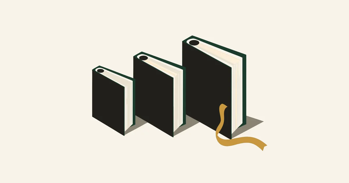 Three green books in ascending sizes, a gold ribbon bookmark in the largest