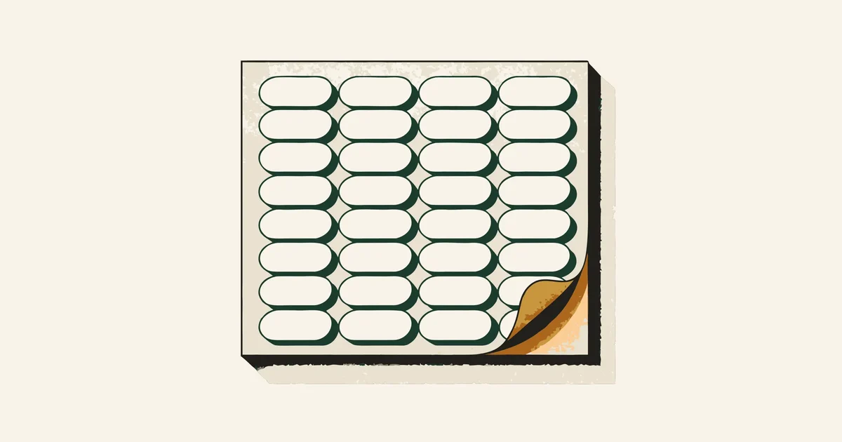 Sheet of cream name tag stickers with green outlines, one tag peeling to show a gold underside
