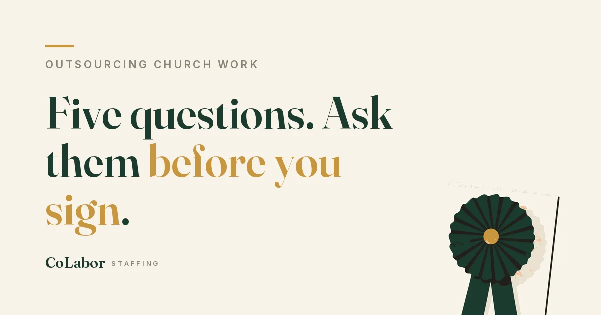 Five questions. Ask them before you sign. Illustration: a rosette ribbon on a document with a gold center.