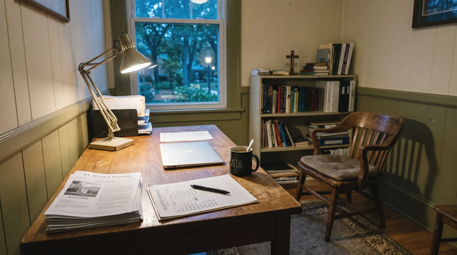 A church office at dusk. Unfinished bulletins, a volunteer schedule half filled in by hand, a cold coffee, and an empty chair.