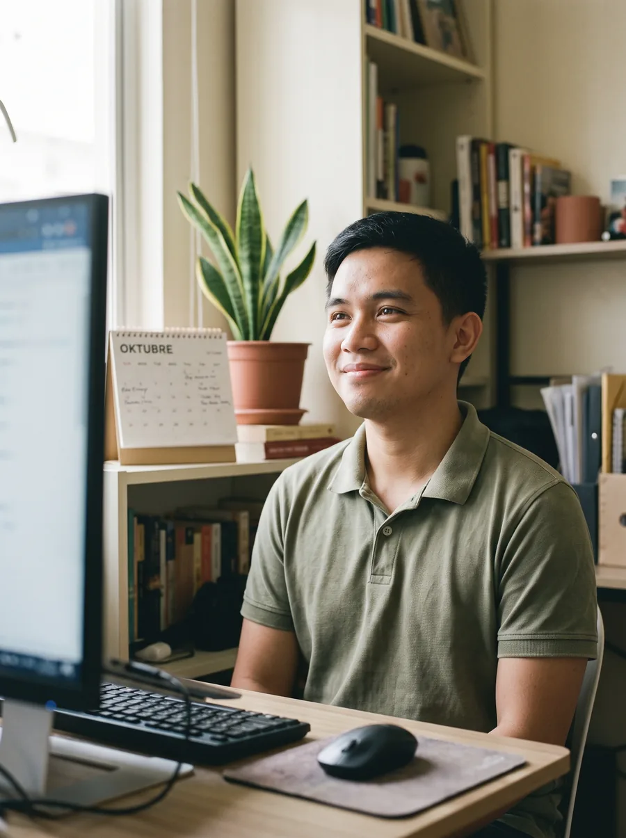 A person working at a home desk in the morning, lit by the window rather than by the screen.
