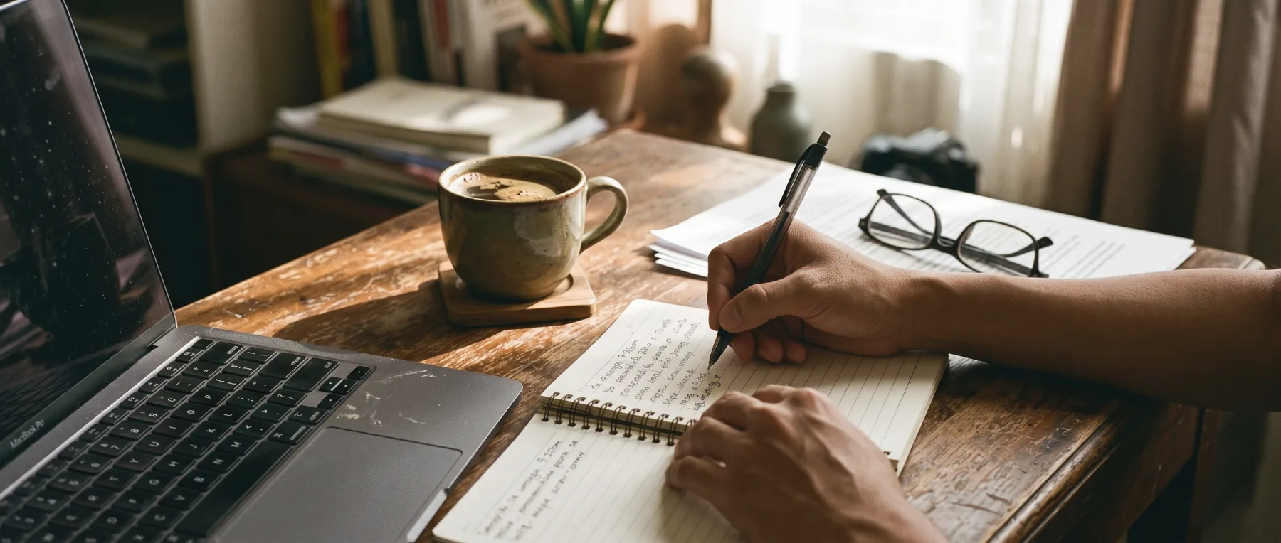 Hands writing in a spiral notebook beside a laptop, a mug of coffee, and a stack of printed pages.