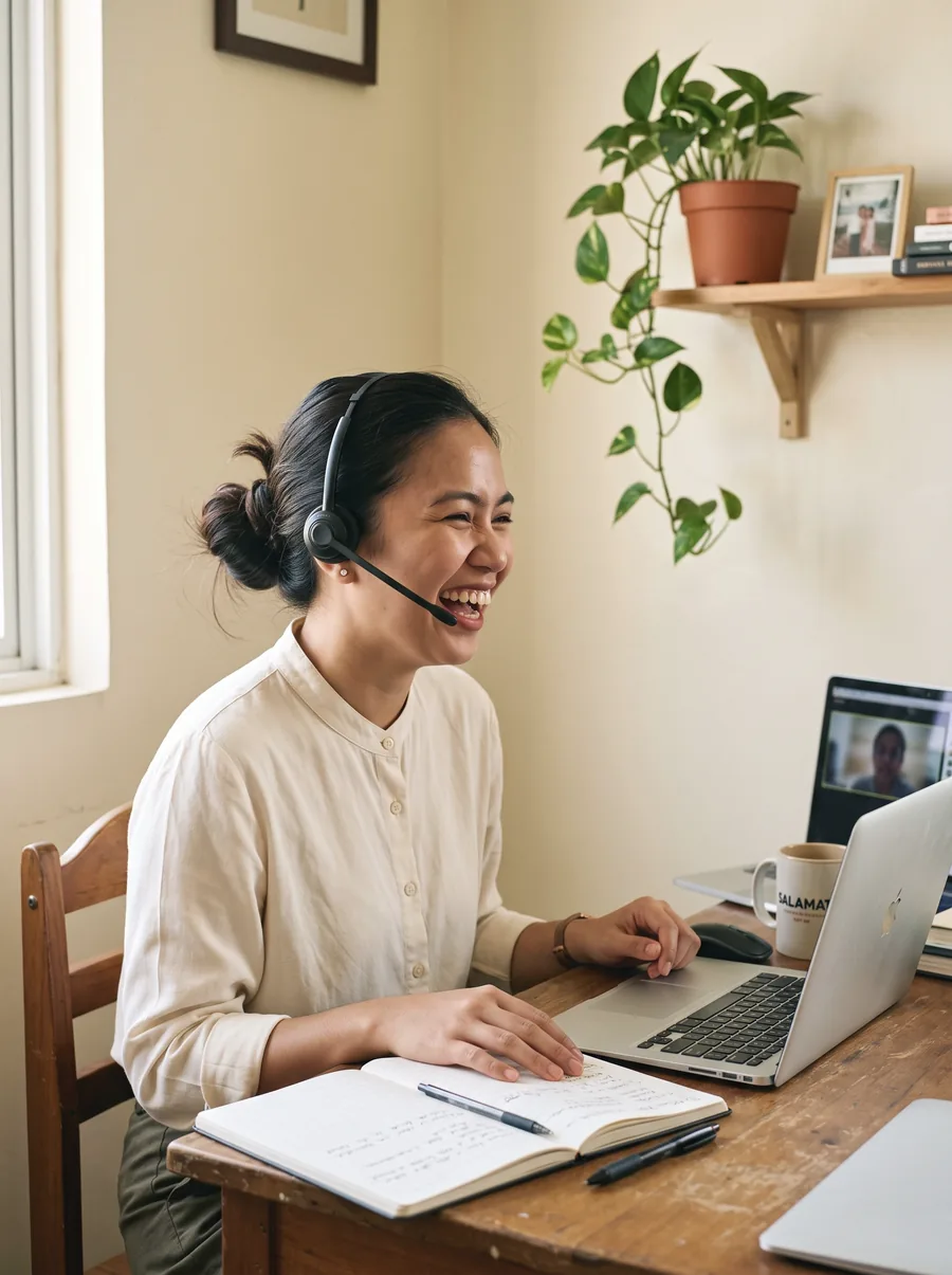 A person at a home desk on a headset call, taking notes in an open notebook.