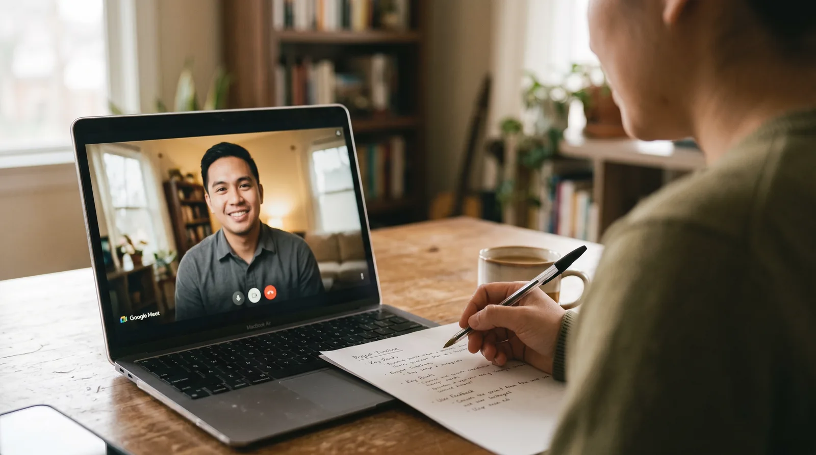 A video interview seen over the interviewer's shoulder, with a printed scoring sheet and a pen on the desk.
